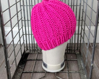 Handknit Bright Neon Pink Chunky Wool Beanie Adult Unisex