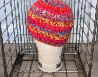 Handknit Ribbed Wool Beanie Scrap Yarn Sock Yarn Hat Orange Blue Yellow Pink Unisex Adult Handmade