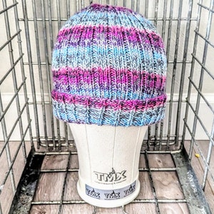 Hand Knit Hat Multicolor Blues Pinks Purples Foldover Brim OOAK Ready to Ship image 5