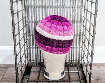 Hand Knit Beanie Skull Cap Pink Purple Stripes Unisex Acrylic Wool Free Winter Hat Ready to Ship