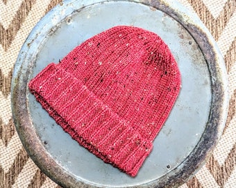 Hand Knit Hat Rusty Red Tweed Foldover Brim OOAK Ready to Ship