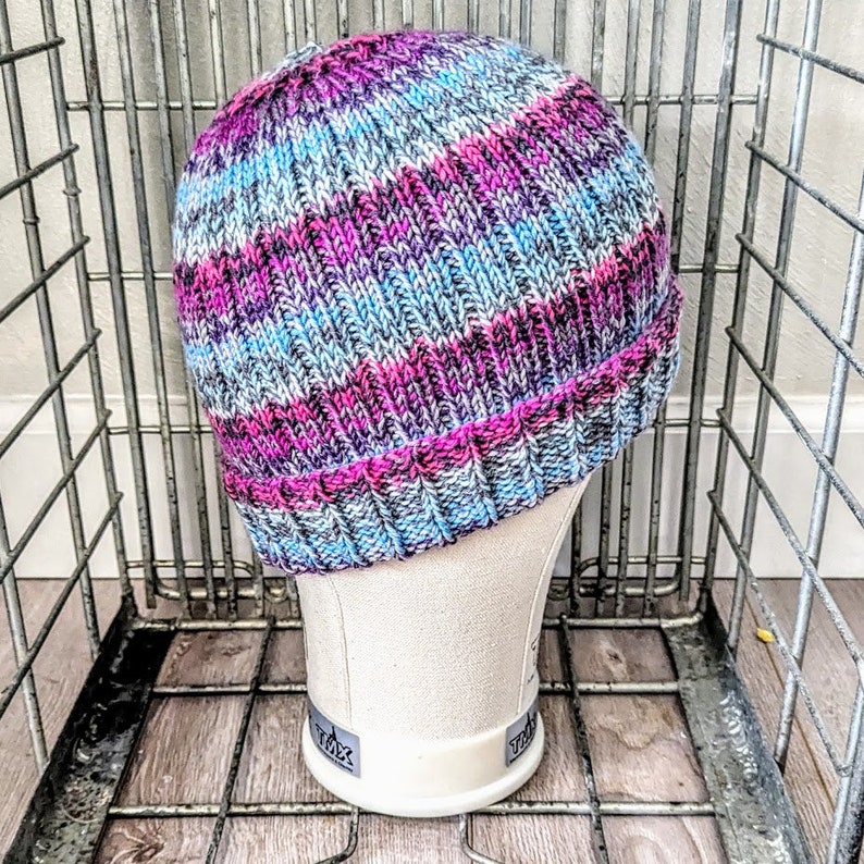 Hand Knit Hat Multicolor Blues Pinks Purples Foldover Brim OOAK Ready to Ship image 2