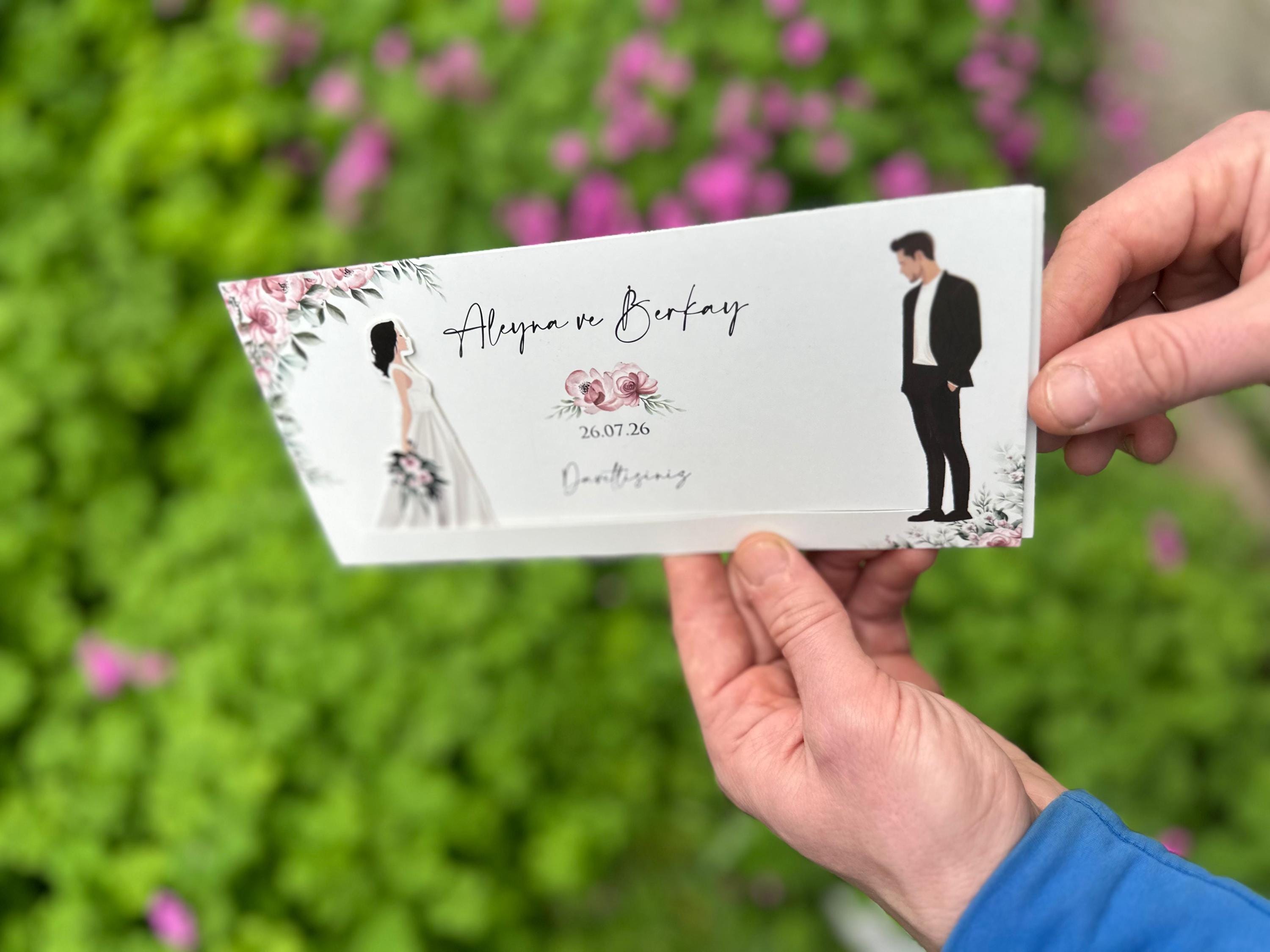 Sliding Wedding Invitation: Bride & Groom Illustration With Floral ...