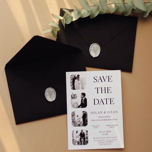 Schwarze Einladungskarten 'Save the Date' | Personalisierte Fotokarten mit Wachs-Siegel | Elegante kundenspezifische Hochzeitsankündigungen, Geburtstagseinladung