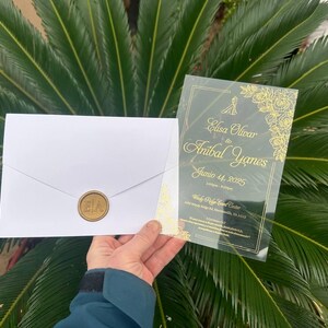 Faire-part de mariage en acrylique avec feuille d'or - Style enveloppe pliée - Élégante carte de mariage personnalisée