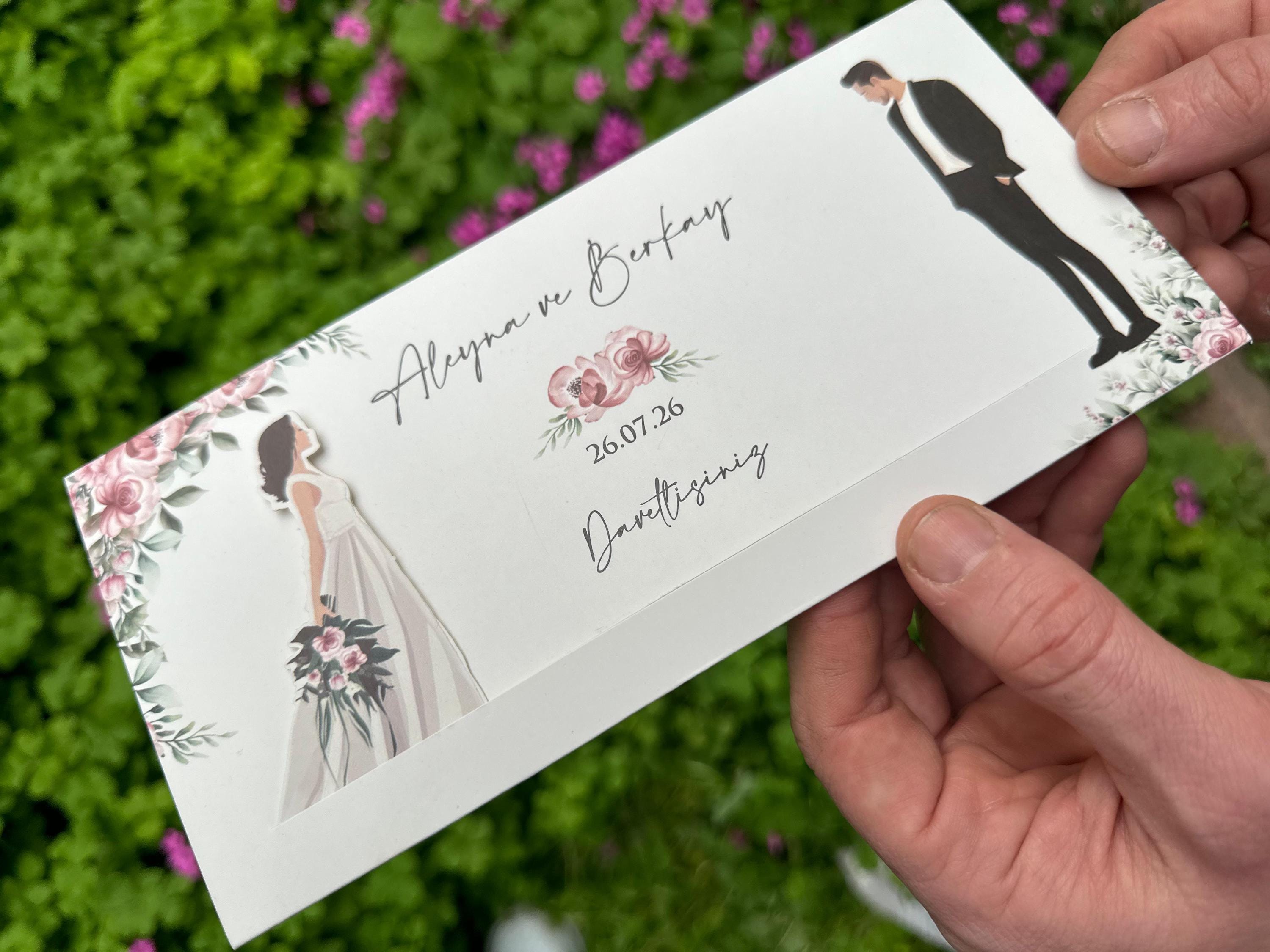 Sliding Wedding Invitation: Bride & Groom Illustration With Floral ...