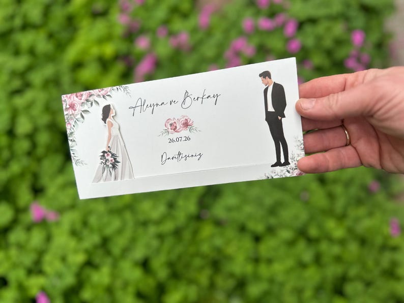 Sliding Wedding Invitation: Bride & Groom Illustration With Floral ...