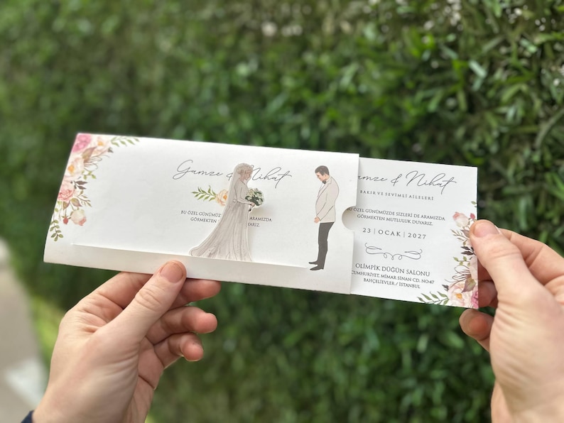 Sliding Wedding Invitation: Floral Design and Bride & Groom ...