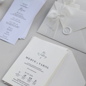 Luxurious Cream Wedding Invitation Set with Handmade Silk Ribbons, Embossed Cards, Perfect for Weddings, Wedding Menu, Engagement Menu card
