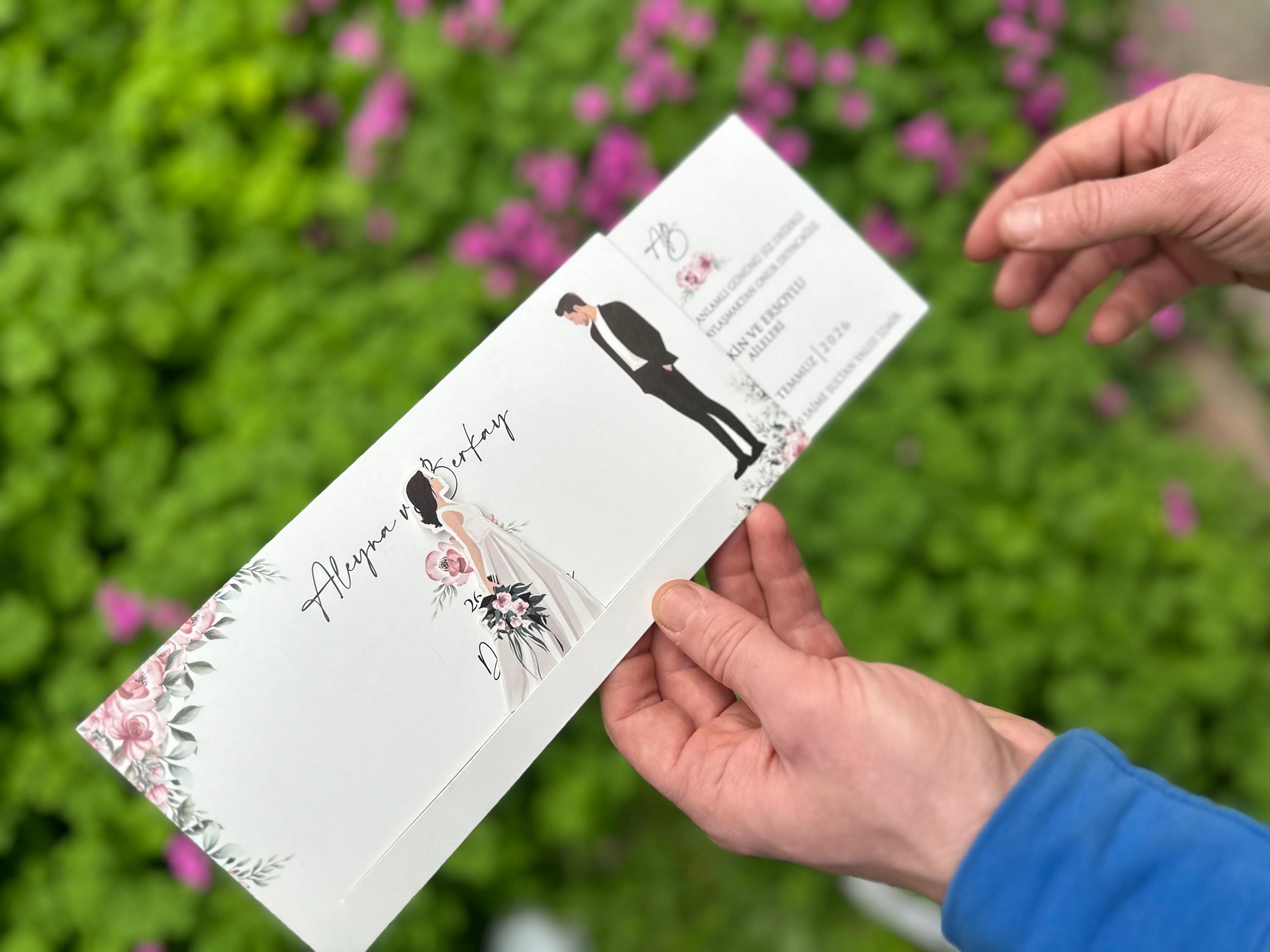 Sliding Wedding Invitation: Bride & Groom Illustration With Floral ...