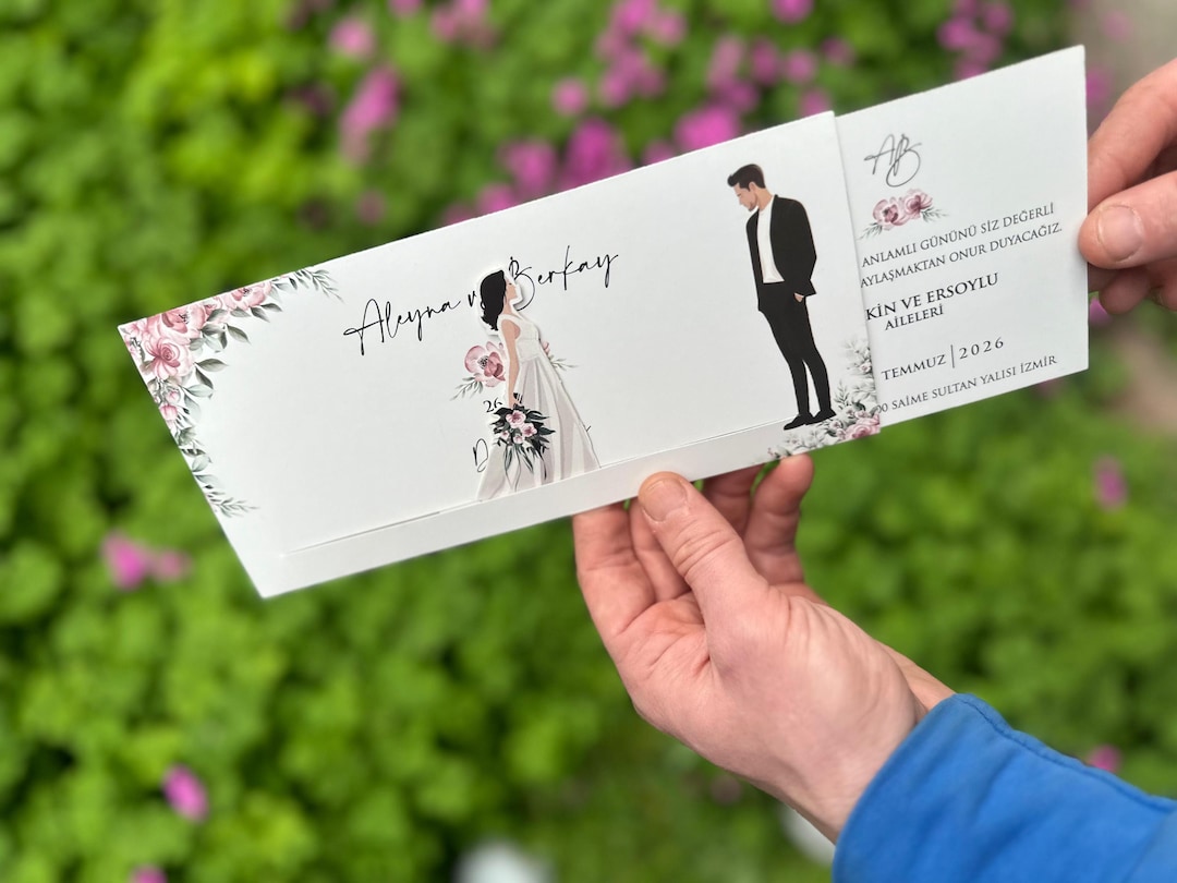 Sliding Wedding Invitation: Bride & Groom Illustration With Floral ...