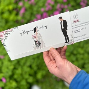 Elegante invitación de boda deslizante, ilustración de novios, tarjeta de boda con diseño floral minimalista, tarjeta de invitación de boda económica