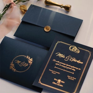 Luxuriöse schwarze Hochzeitseinladung mit Goldfolie und benutzerdefiniertem Siegel, schwarze Hochzeitseinladung, Luxus-Event-Einladung, quinceanera