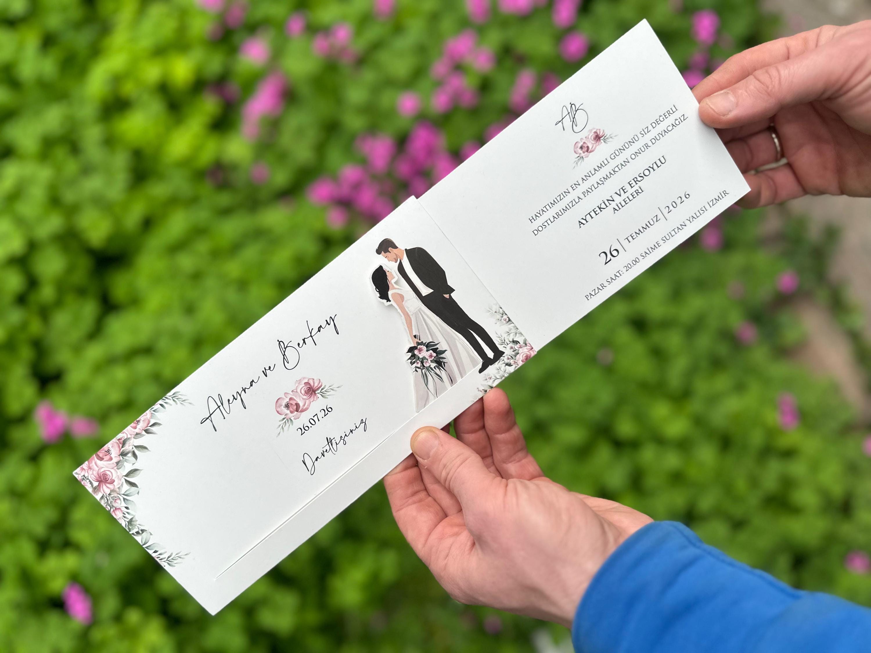 Sliding Wedding Invitation: Bride & Groom Illustration With Floral ...