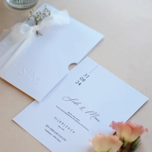 Invitación de boda floral personalizada con cintas hechas a mano y flores secas con impresión en relieve, invitación a fiesta, invitación de cumpleaños