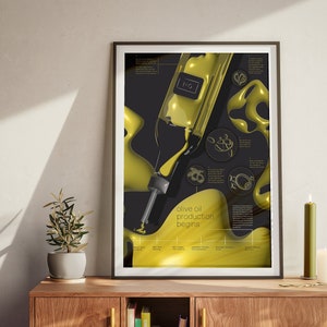 Póster elegante con diagrama de extracción de aceite de oliva, Arte de pared ilustrado del proceso del aceite de oliva, Obra de arte de cocina original y única, Arte digital moderno