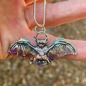 Bat Pewter Painted Pendant with Rhinestone on Chain