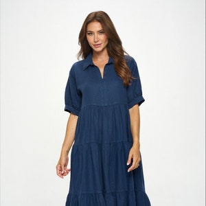 Linen Tiered Dress with Collar and Puff Sleeve