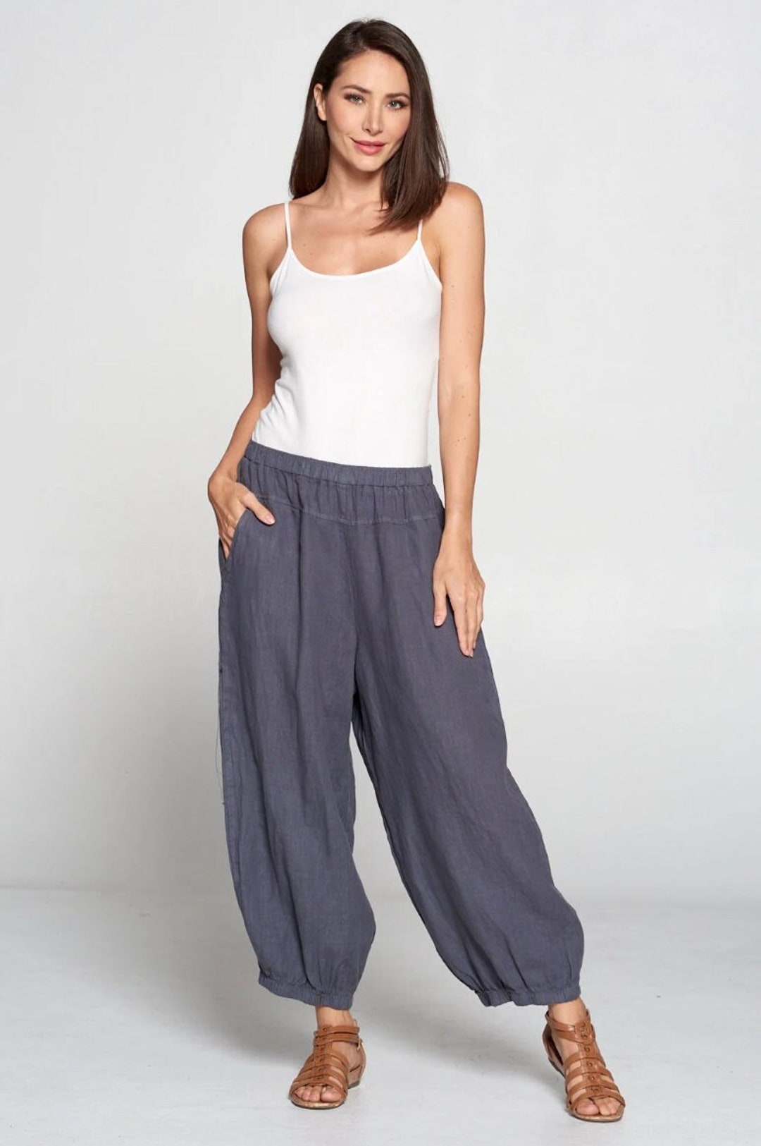 Women Vintage Solid Linen Padded Harem Pants