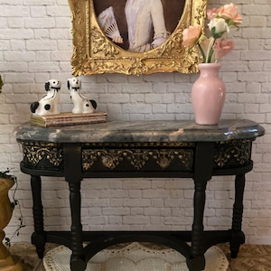 Dollhouse Miniature Weathered Hall Table, Shabby Chic Brocante Style, 1:12 Scale Black Faux Marble Top