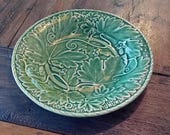 Bordallo Pinheiro plate, green leafes, Portugal, Ceramic, Vintage