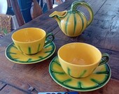 Vintage melon tea set, Majolica, Barbotine, Made in France
