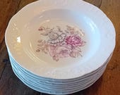 1970s Vista Alegre set of 8 plates, Portugal, vintage, porcelain, flower pattern