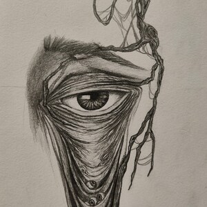 May include: A black and white pencil drawing of a single eye with a large number of smaller eyes clustered below it. The eye is surrounded by a web-like structure.