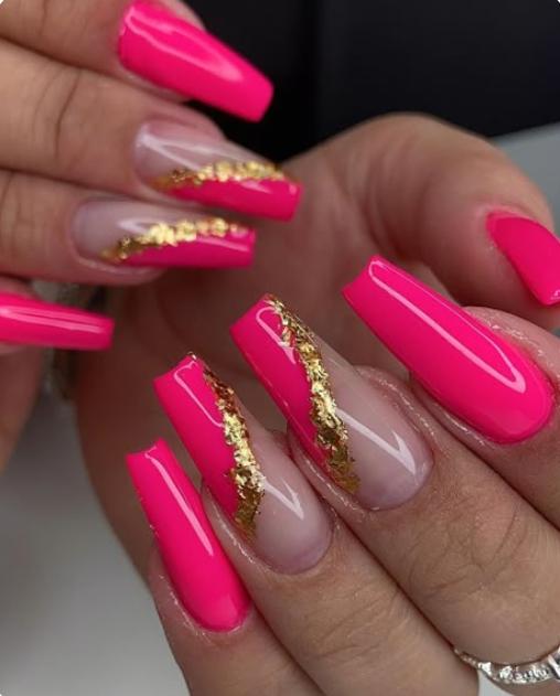 pink + gold flakes acrylic press ons - summer nails