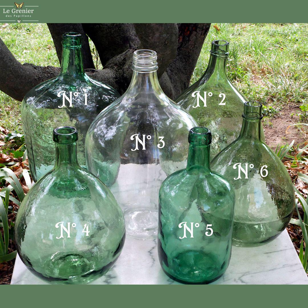 Antique glass demijohns from 3L to 10L in different shapes and colours