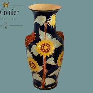 Large polychrome glazed ceramic vase with sunflowers