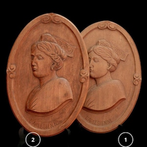 Antique carved wooden medallions portraits of Arlesian women – 2 carved wooden bas-reliefs – France Provence – early 20th century