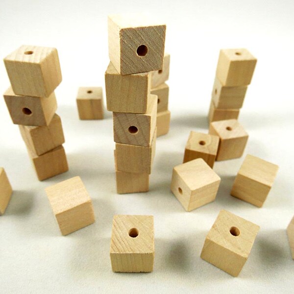 25 Wood Square Beads, Square - 1/2 inch - Wood Cube - Unfinished Wooden Square Beads for DIY