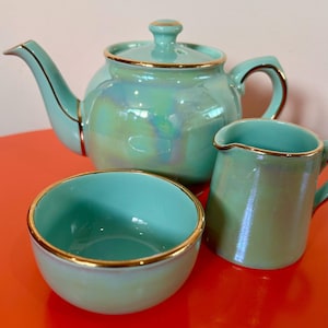 Beautiful Antique 1930s Art Deco Sadler Green Mother of Pearl Lustreware Teapot, Milk Jug and Sugar Bowl