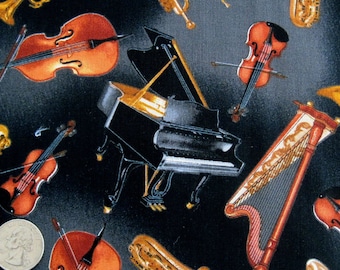 Violins Musical Instruments Orchestra Black Cotton Fabric Print by Yard D773.09