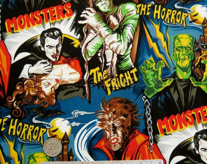 1/2 Yd or Yard MONSTERS Horror Movie Black Robert Kaufman Novelty MONSTER Cotton Quilt Fabric Universal Studios Hollywood - Hard to find