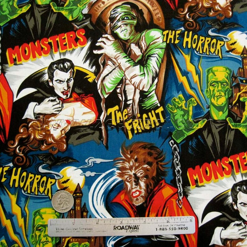 1/2 Yd or Yard MONSTERS Horror Movie Black Robert Kaufman Novelty MONSTER Cotton Quilt Fabric Universal Studios Hollywood Hard to find image 1