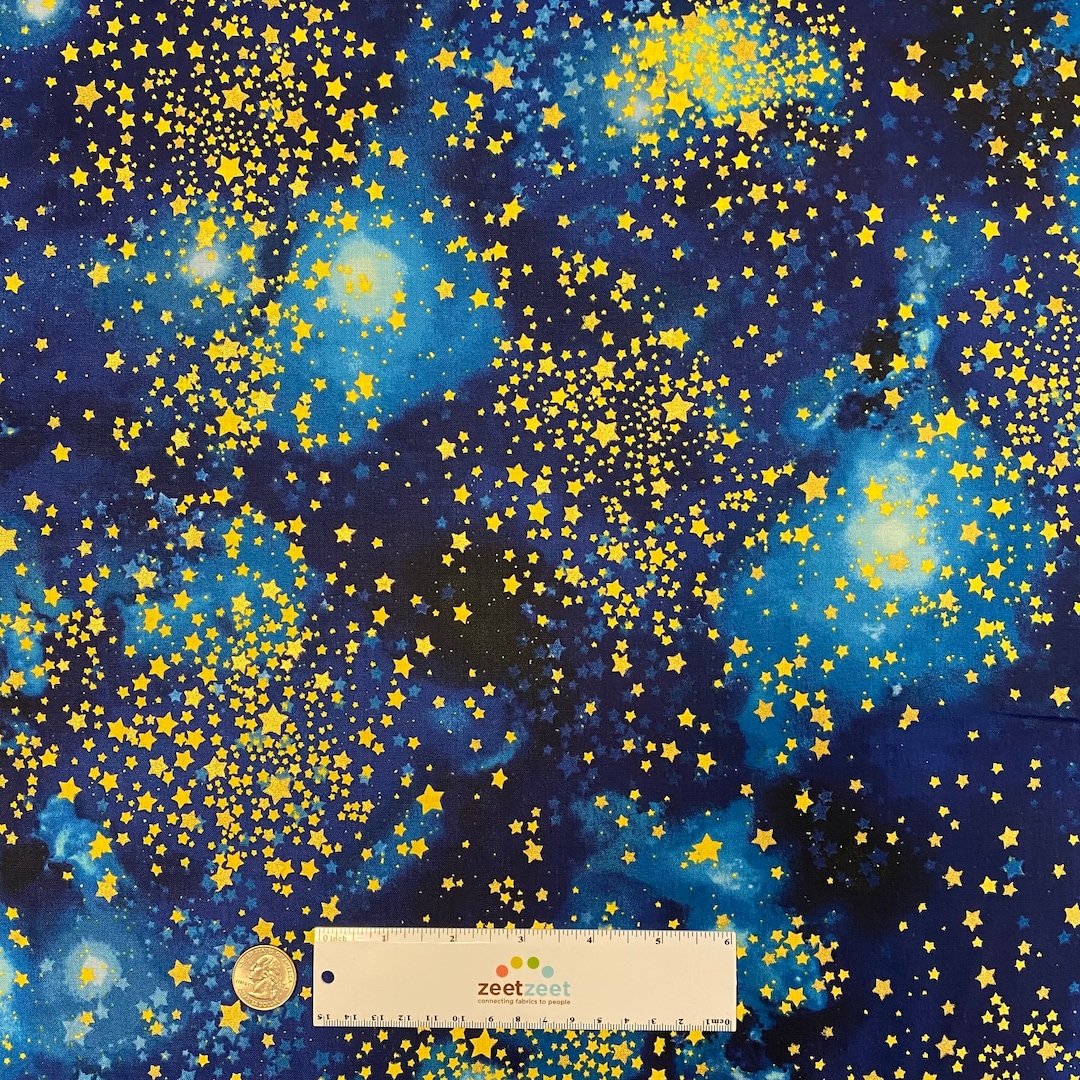 Robert Kaufman STARGAZERS METALLIC Star Swirls Night Sky Blue Gold
