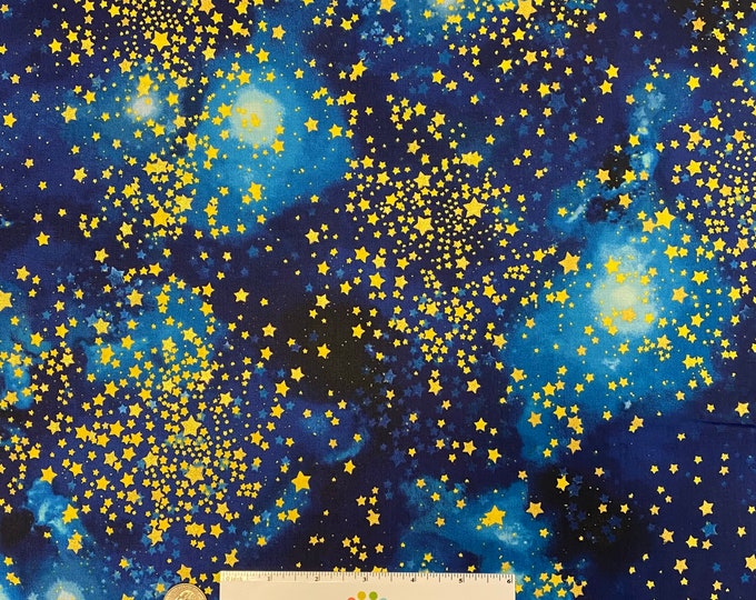 Robert Kaufman - STARGAZERS - METALLIC Star Swirls Night Sky - Blue Gold - Cotton Fabric by the Yard or Select Length
