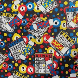 PRIMARY Black BINGO FABRIC Balls Cards Game Night - 100% Cotton Fabric by the Yard or Select Length