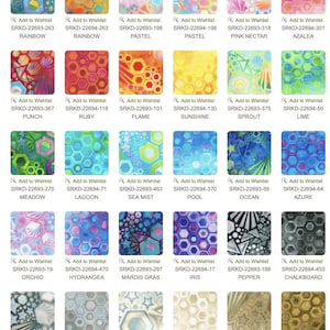 May include: A collection of 24 fabric swatches featuring a geometric honeycomb pattern in various colors, including rainbow, red, yellow, blue, green, and purple. Each swatch has a unique color combination and is labeled with a product code and name.