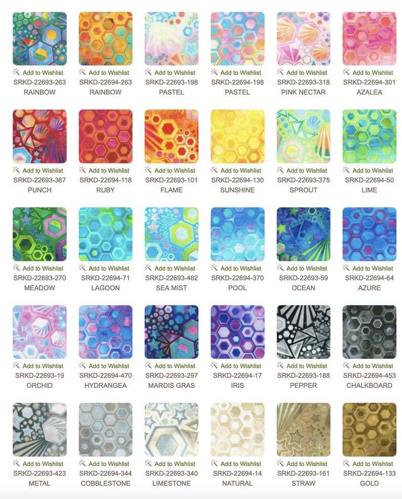 May include: A collection of 24 fabric swatches featuring a geometric honeycomb pattern in various colors, including rainbow, red, yellow, blue, green, and purple. Each swatch has a unique color combination and is labeled with a product code and name.