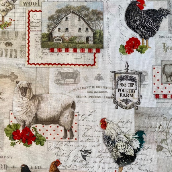 DOWN on the FARM - Cotton Quilting Fabric - Robert Kaufman - by Yard or Select Length Barnyard Animals Sheep Chickens AGBD-18643-276 Country