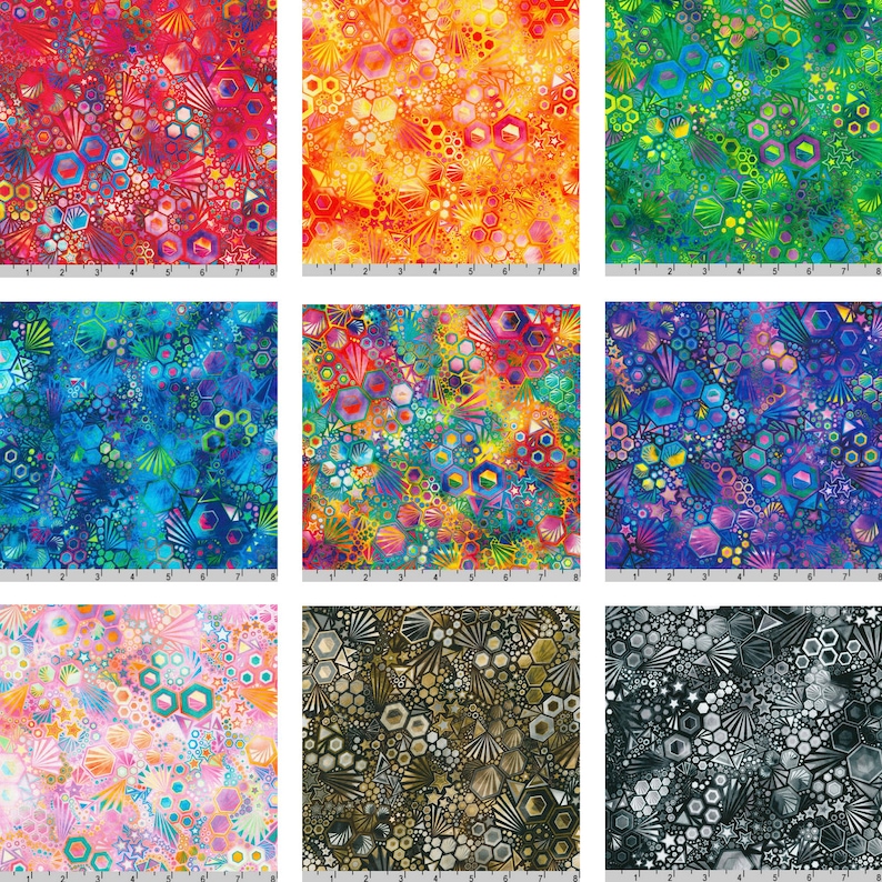 May include: Nine colorful fabric swatches with a repeating pattern of geometric shapes, including hexagons, stars, and circles. The fabric is a mix of blue, green, red, orange, yellow, pink, and black.