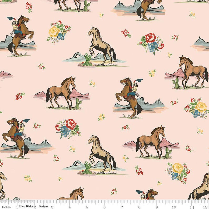 May include: A repeating pattern on a pink background features illustrations of horses, riders, cacti, mountains, and floral bouquets. The horses are depicted in various poses, including rearing up. The color palette includes shades of brown, blue, red, yellow, and green.