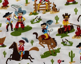 HOWDY PARD'NER Retro Cowboy Fabric - Little Buckaroos White - 100% Cotton Fabric by the Yard or Select Length