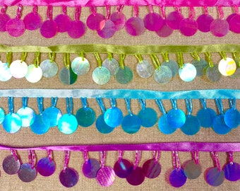 Hanging BEADED SEQUIN Fringe Trim, by the Yard - Sequined Trim, PAILLETTE Trim, Choose Color & Quantity, Fuchsia, Lime, Turquoise, Purple