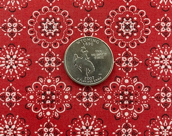 May include: A silver US quarter dollar coin featuring a cowboy riding a bucking bronco. The coin is on a red and white bandana fabric background. The coin reads "WYOMING 1890" and "THE EQUALITY STATE" and "2007 E PLURIBUS UNUM".