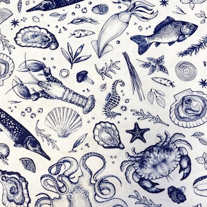 COASTAL Sea Life Fish Fabric - Crabs Sea Horse Lobster NAUTICAL Fabric Robert Kaufman Fabric 100% Cotton Fabric by the Yard or Select Length