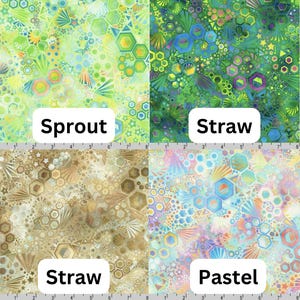 May include: Four fabric swatches with different patterns and colors. The swatches are labeled "Sprout", "Straw", "Straw", and "Pastel".